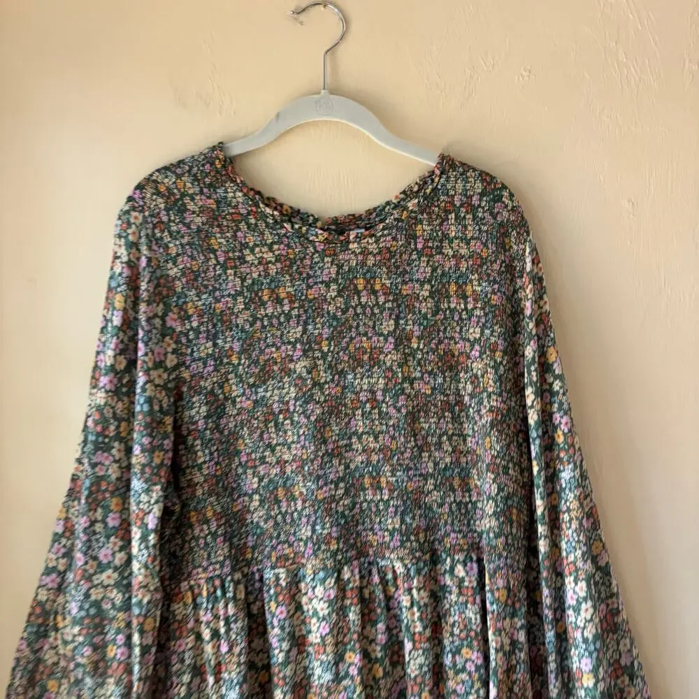 Old Navy Womens XXL Ditsy Floral Smocked Midi Dress Long Sleeve Rayon Boho Multi